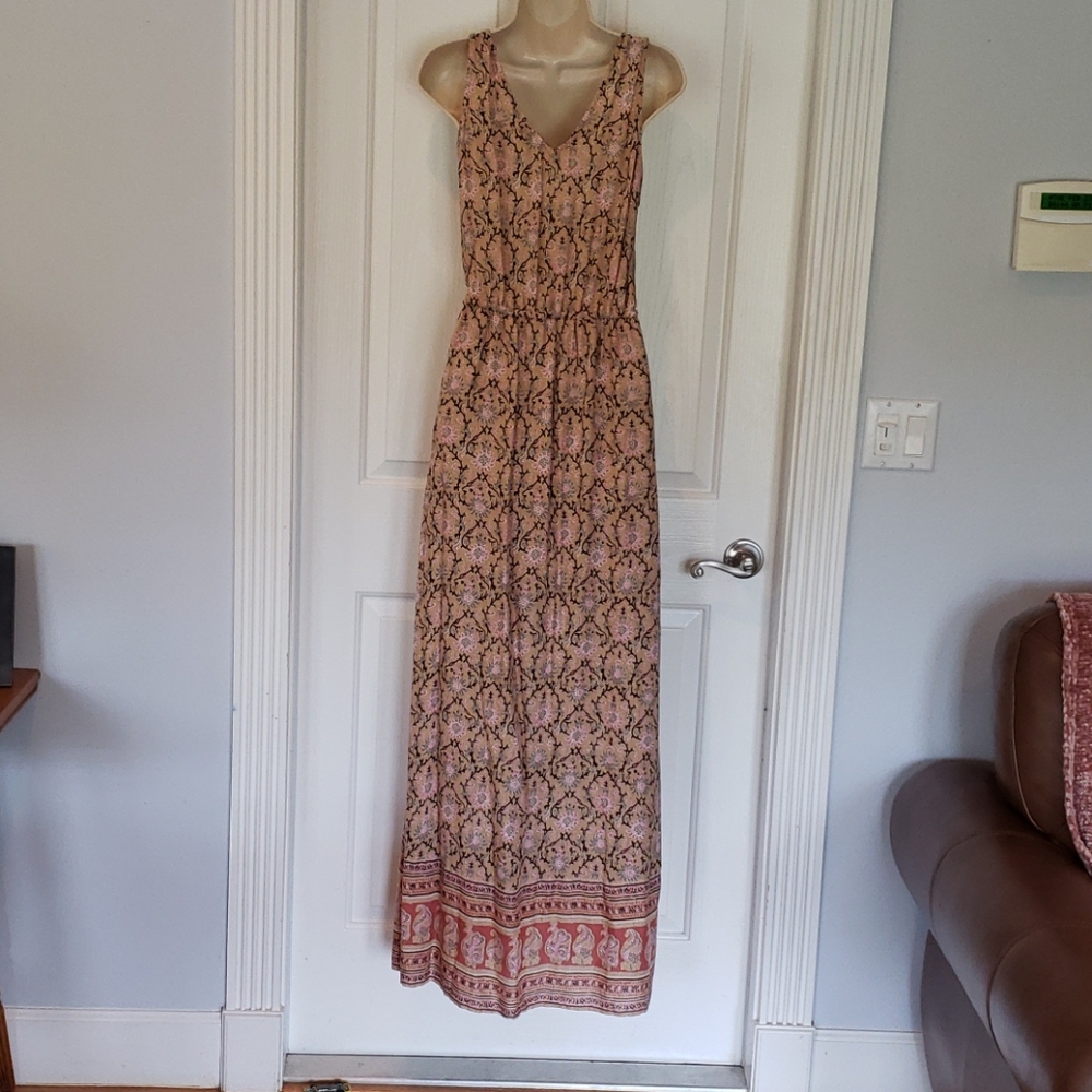 LUCKY BRAND MAXI DRESS NEW TAN PINK FLORAL XS X SMALL - Picture 4 of 4